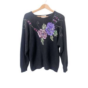 Worthington Vintage Black Silk Angora Wool Blend Floral Sequined‎ Beaded Sweater